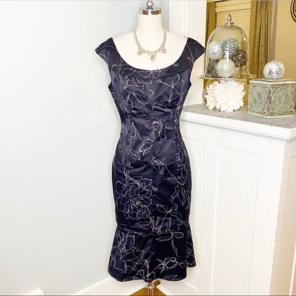 David Meister Floral Flounce Hem Sheath Dress Cocktail Party 6 Small - Picture 2 of 11
